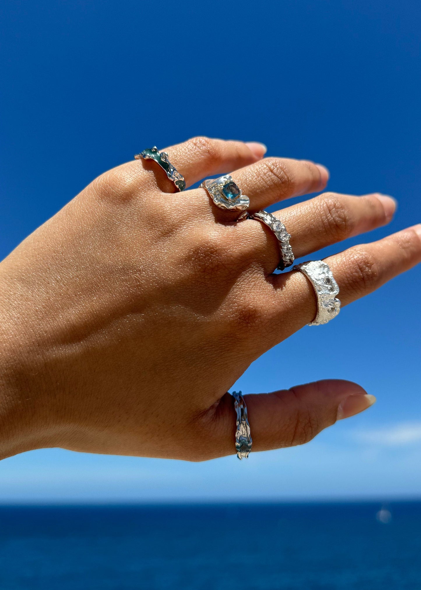 925 Sterling Silver Ring Brutalist Ring Blue Ring Gem Zircon Ring Handmade Ring Hammered Ring Adjustable Ring Textured Ring Statement Ring