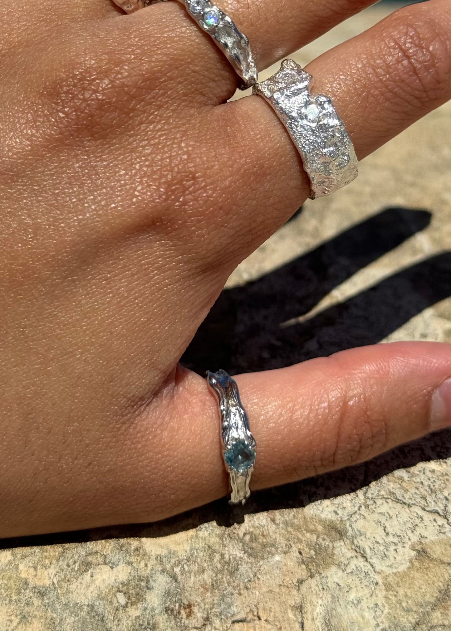 925 Sterling Silver Ring Brutalist Ring Blue Ring Gem Zircon Ring Handmade Ring Hammered Ring Adjustable Ring Textured Ring Statement Ring
