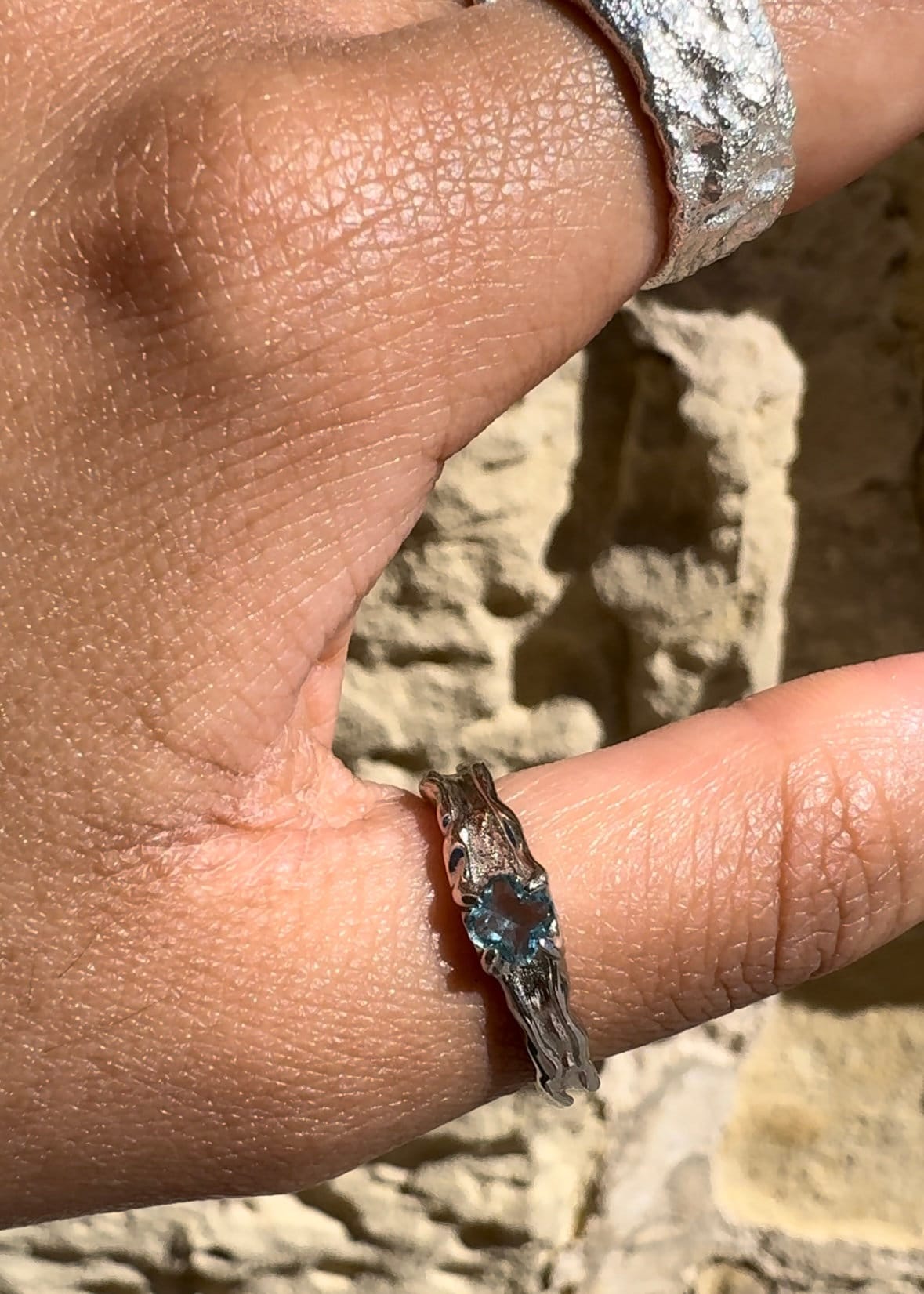925 Sterling Silver Ring Brutalist Ring Blue Ring Gem Zircon Ring Handmade Ring Hammered Ring Adjustable Ring Textured Ring Statement Ring