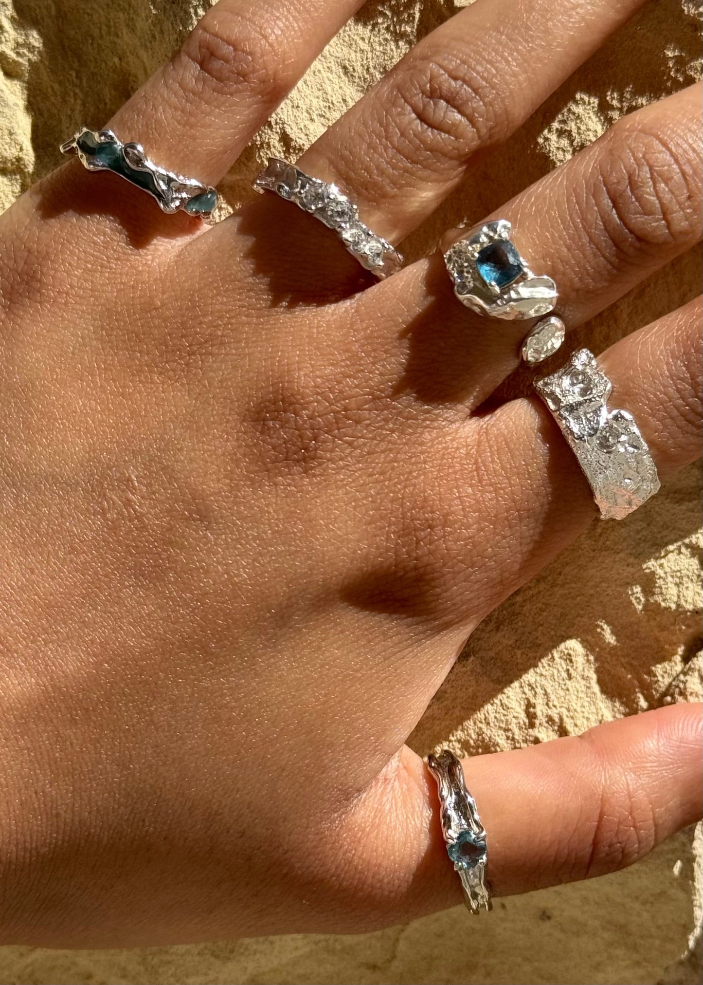 925 Sterling Silver Ring Brutalist Ring Blue Ring Gem Zircon Ring Handmade Ring Hammered Ring Adjustable Ring Textured Ring Statement Ring