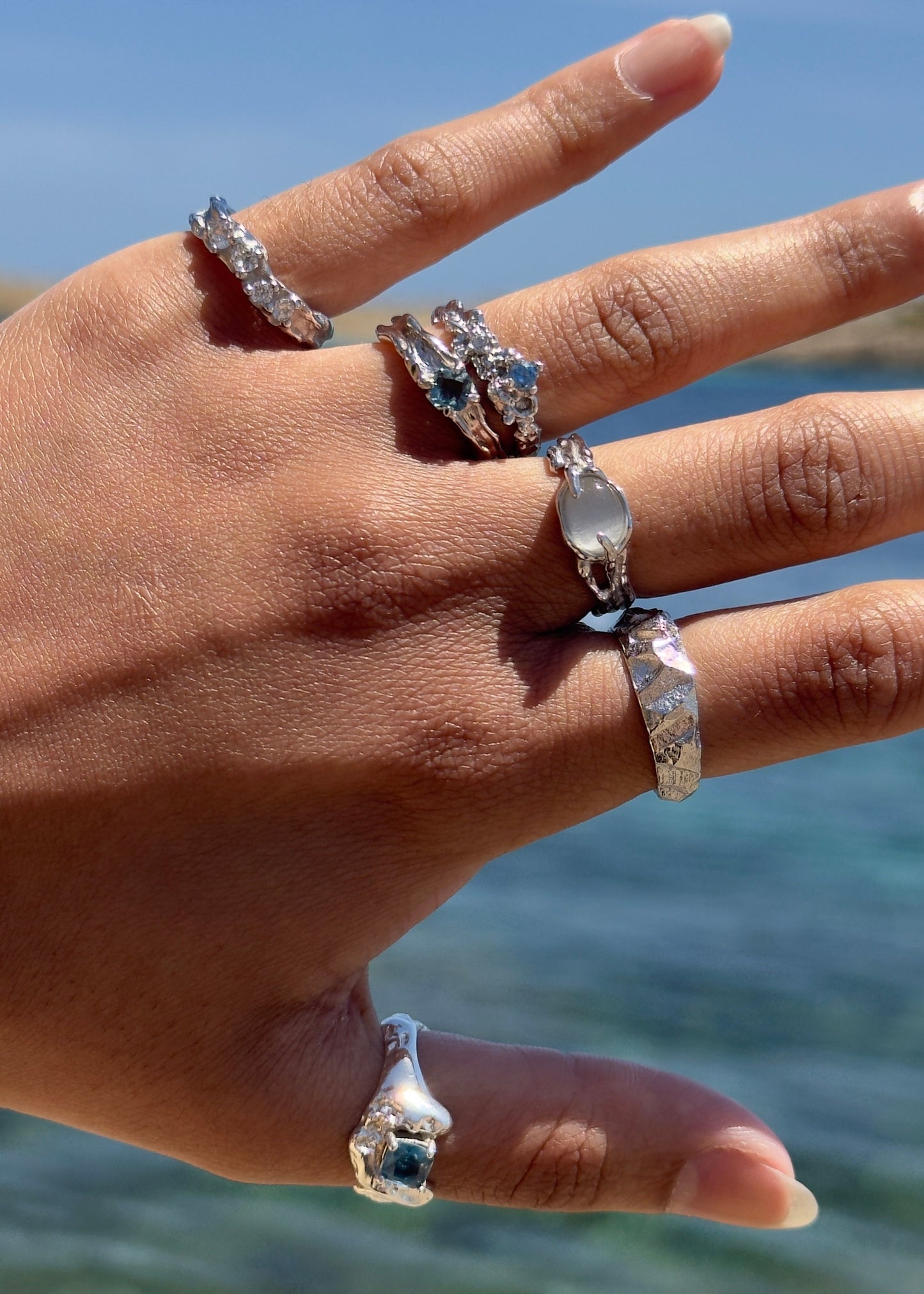 925 Sterling Silver Brutalist Ring Gemstone Ring White Stone Ring Handmade Ring Hammered Ring Adjustable Ring Textured Chunky Statement Ring