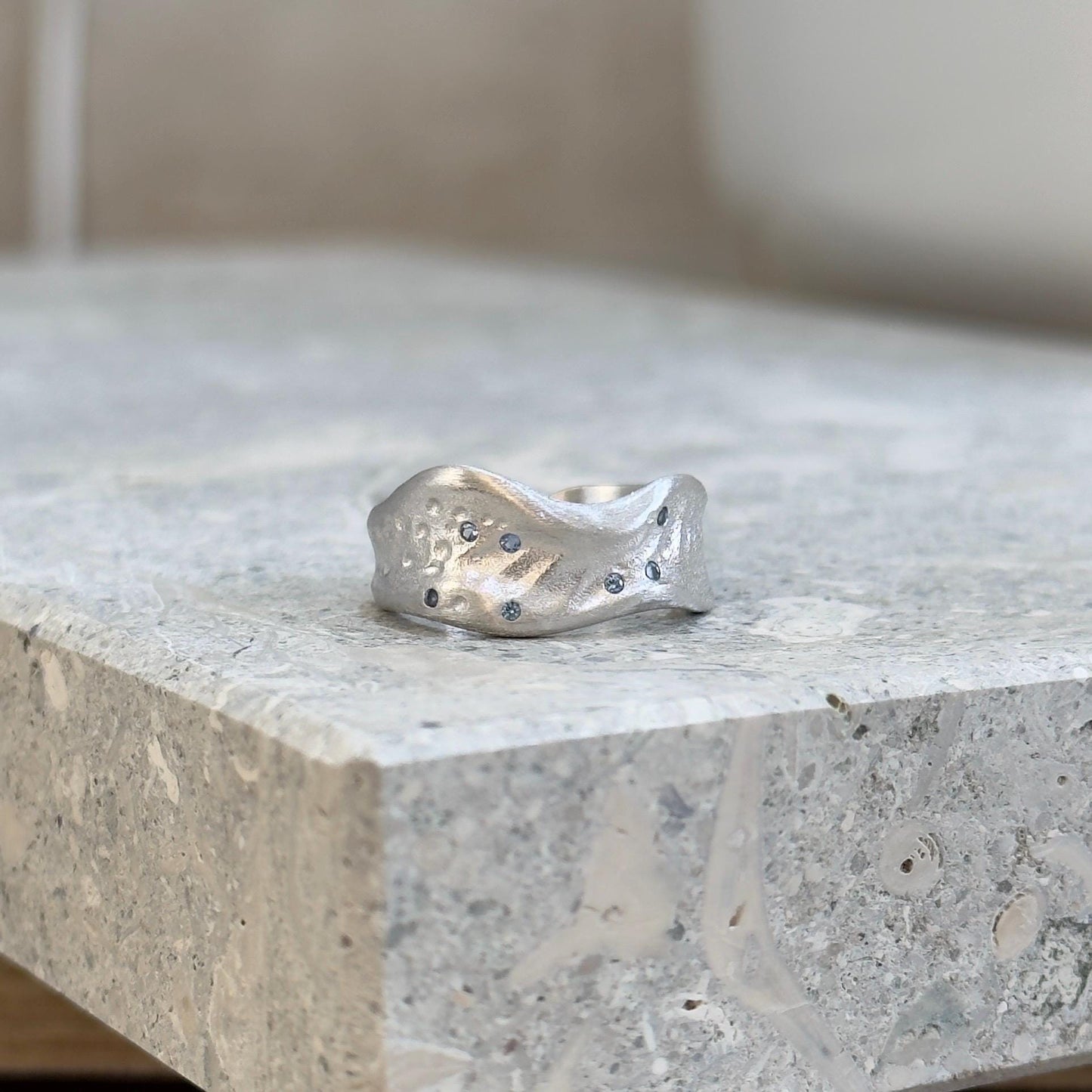 925 Sterling Silver Ring Brutalist Ring Blue Ring Gem Zircon Ring Handmade Ring Hammered Ring Adjustable Ring Textured Ring Statement Ring