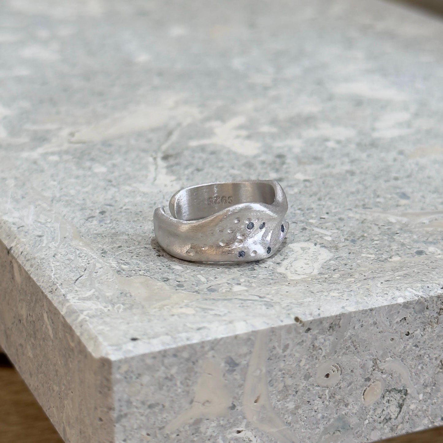 925 Sterling Silver Ring Brutalist Ring Blue Ring Gem Zircon Ring Handmade Ring Hammered Ring Adjustable Ring Textured Ring Statement Ring