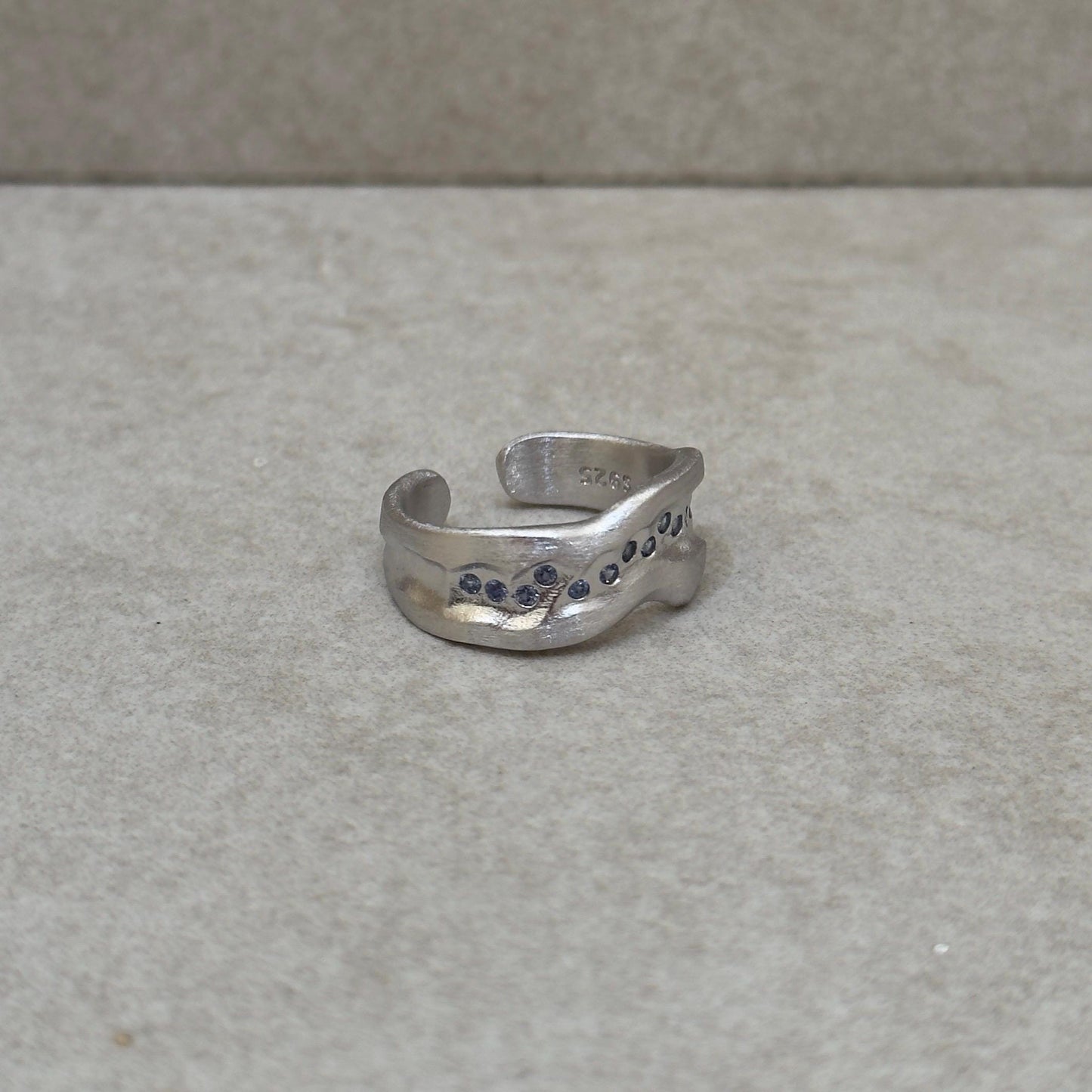 925 Sterling Silver Ring Brutalist Ring Blue Ring Gem Zircon Ring Handmade Ring Hammered Ring Adjustable Ring Textured Ring Statement Ring