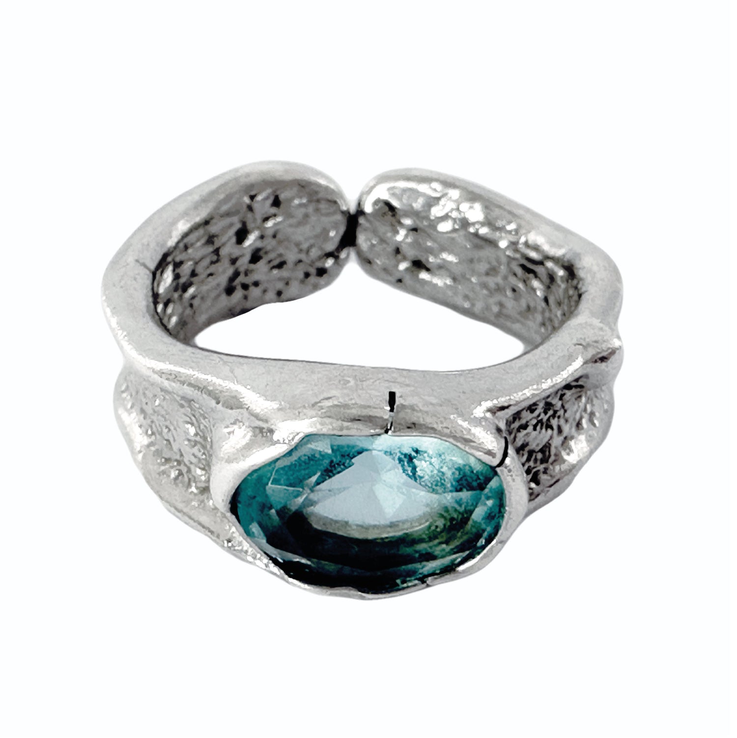 925 Sterling Silver Ring Brutalist Ring Blue Gemstone Ring Gem Zircon Ring Handmade Hammered Ring Adjustable Textured Chunky Statement Ring