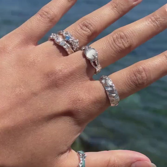 925 Sterling Silver Brutalist Ring Gemstone Ring White Stone Ring Handmade Ring Hammered Ring Adjustable Ring Textured Chunky Statement Ring