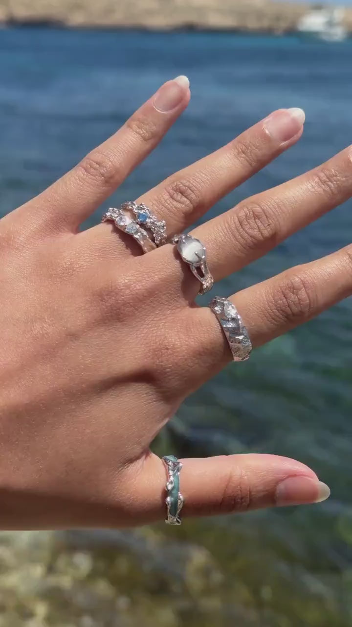 925 Sterling Silver Brutalist Ring Gemstone Ring White Stone Ring Handmade Ring Hammered Ring Adjustable Ring Textured Chunky Statement Ring
