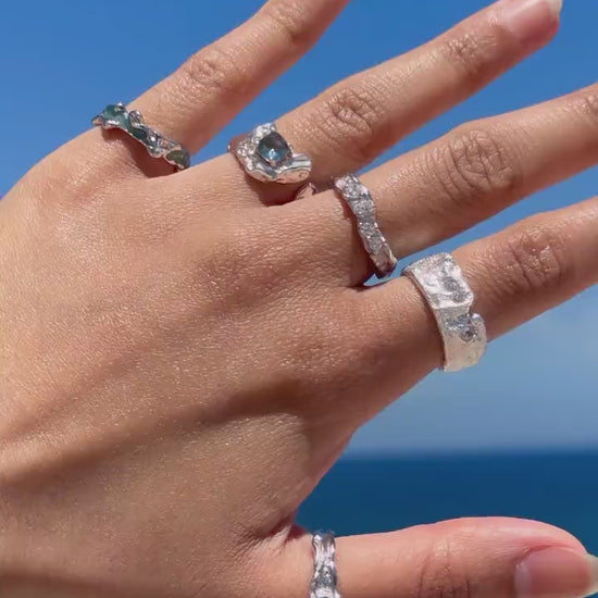 925 Sterling Silver Ring Brutalist Ring Blue Ring Gem Zircon Ring Handmade Ring Hammered Ring Adjustable Ring Textured Ring Statement Ring