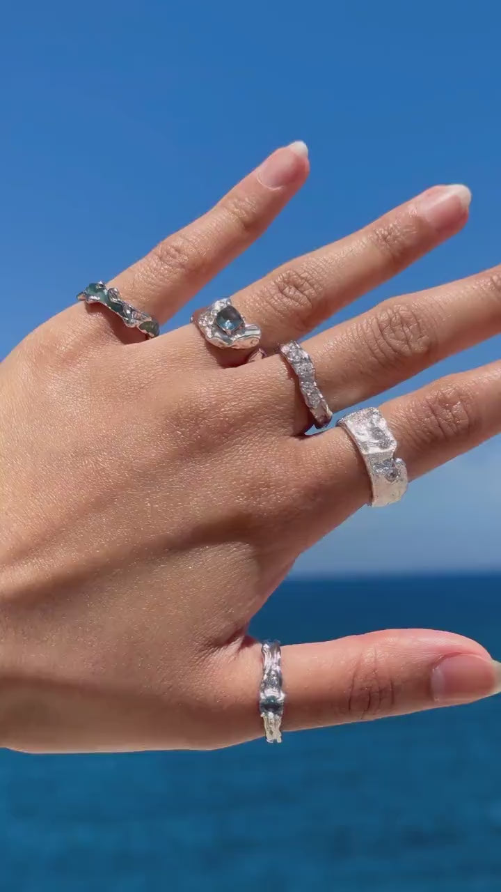 925 Sterling Silver Ring Brutalist Ring Blue Ring Gem Zircon Ring Handmade Ring Hammered Ring Adjustable Ring Textured Ring Statement Ring